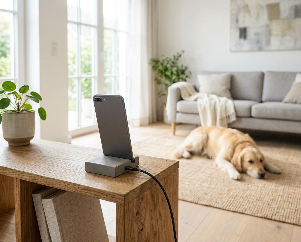 A spare phone on a shelf in a living room with a dog on the rug